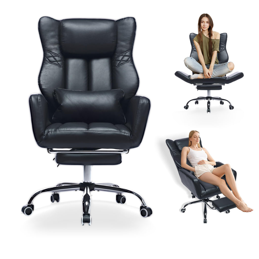 Criss Cross High Back Office Chair with Foot Rest, Ergonomic Cross Legged Desk Chair with Flip-up Armrest, Cozy Reclining 155°Swivel Chair for Home Office, Computer and Entertainment(Black)