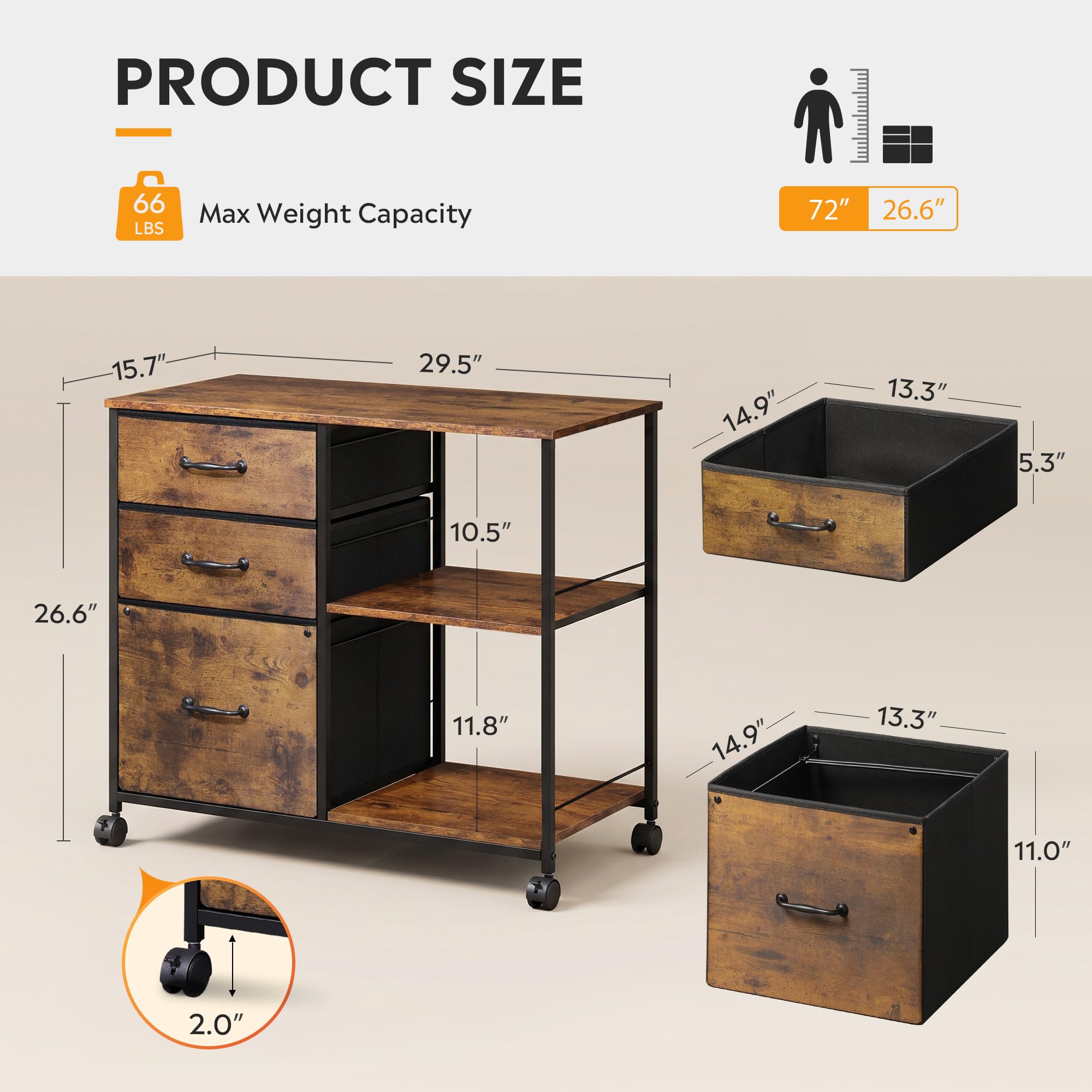 3 Drawer Mobile File Cabinet with Open Storage Shelf
