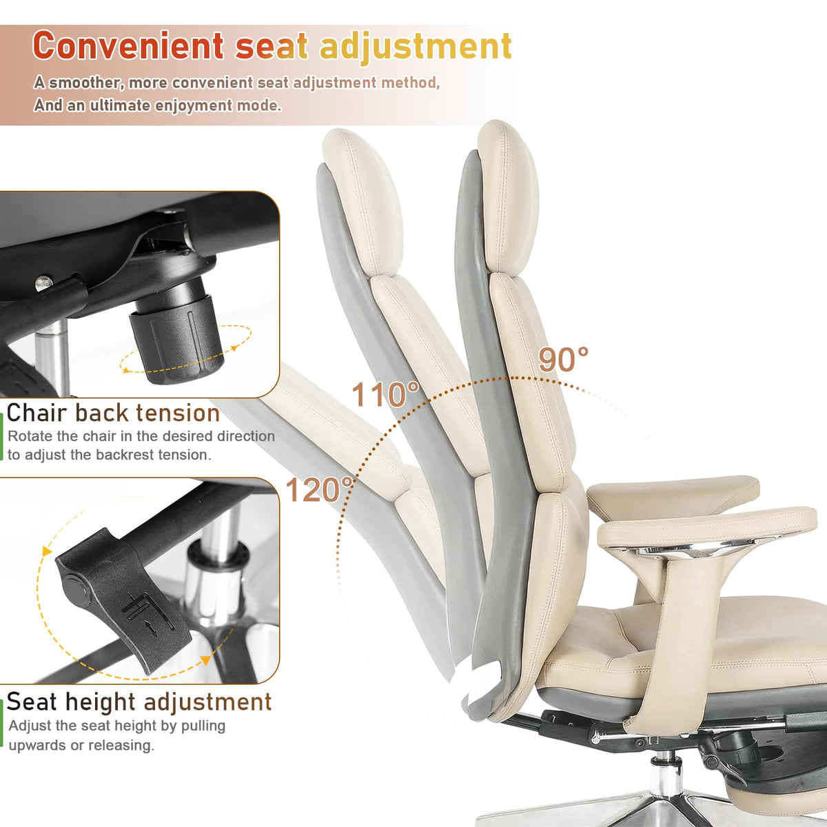 Genuine Leather Office Chair with Flexible Footrest, High Back Executive Office Chair with Lumbar Support, Adjustable Tilt Mechanism, Weight Capacity 400 lbs (White)