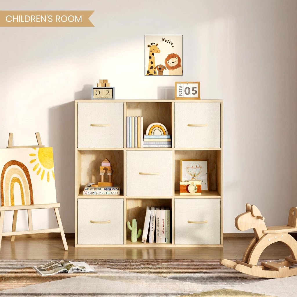 9 Cube Storage Organizer - Solid Wood Bookshelf with 5 Storage Bins, Cube Shelf with 3 Removable Back Panels, Vertical or Horizontal Bookcase, Open Book Shelf for Bedroom, Living Room, Office