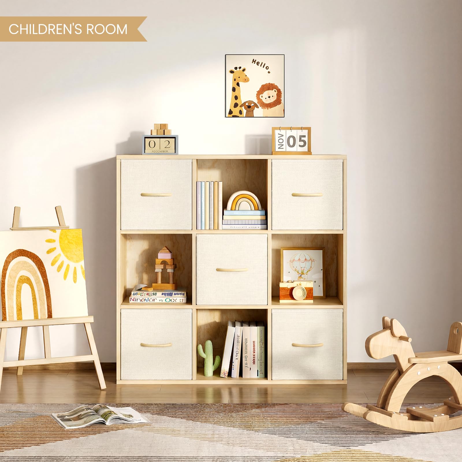 9 Cube Storage Organizer - Solid Wood Bookshelf with 5 Storage Bins, Cube Shelf with 3 Removable Back Panels, Vertical or Horizontal Bookcase, Open Book Shelf for Bedroom, Living Room, Office