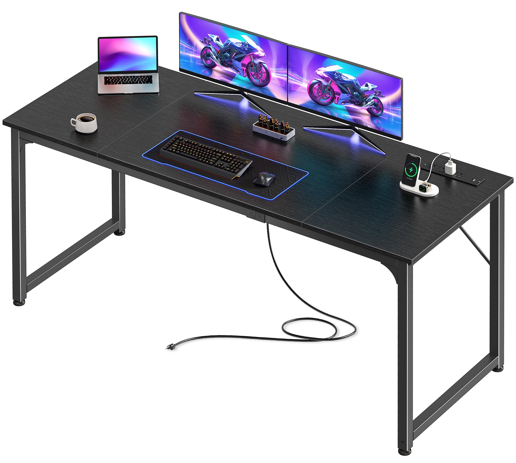 63 X 24 Inch Office Computer Desk with Power Outlets and USB-C Port, Larger and Longer Gaming Desk, for Home Office, Study, Writing Work from Home Table, Metal Frame, Black