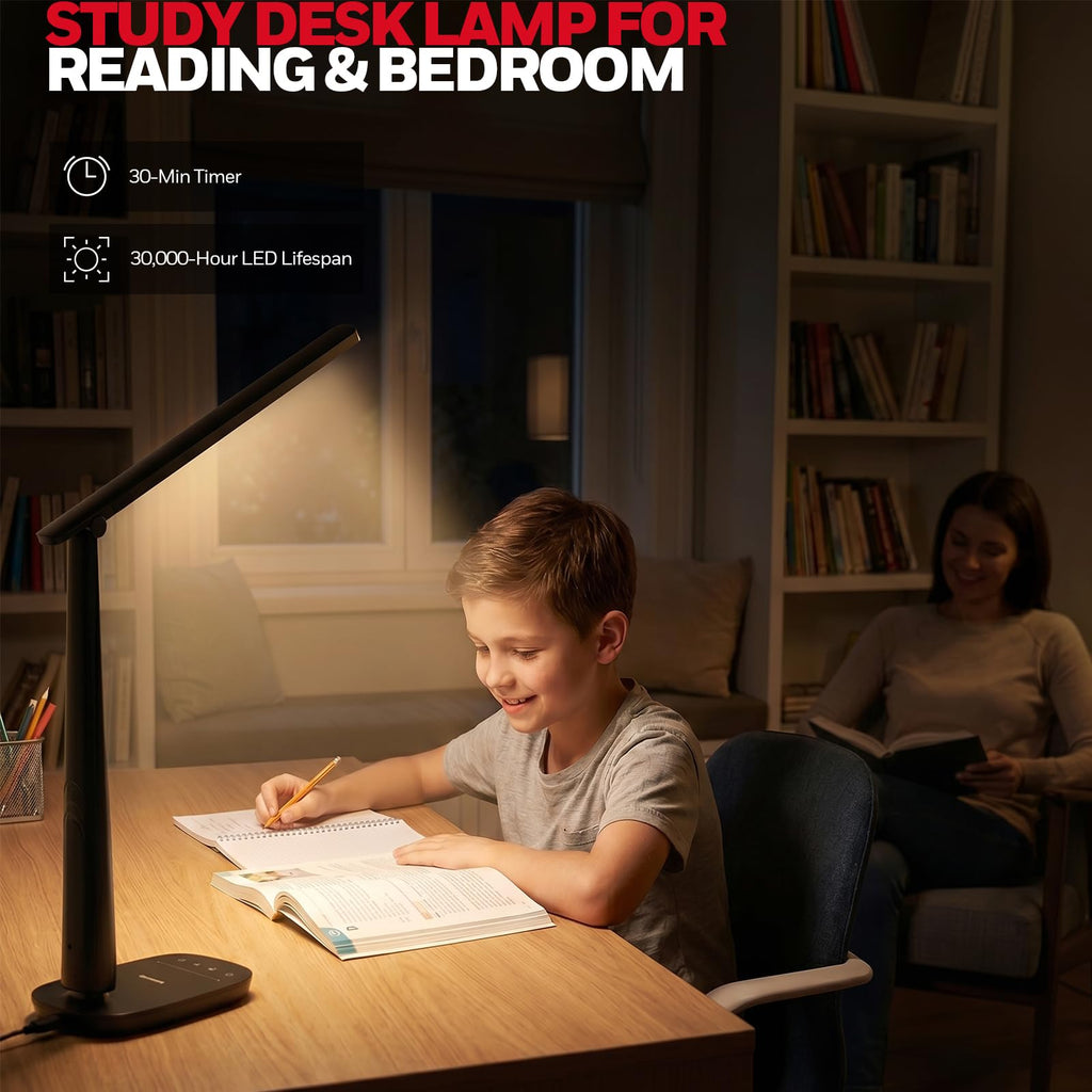LED Desk Lamp for Home Office, Eye-Caring Dimmable Reading Light with 4 Color Modes, Touch Control, USB-A & USB-C Charging Ports, Adjustable Head, Timer for Bedroom & Small Desks