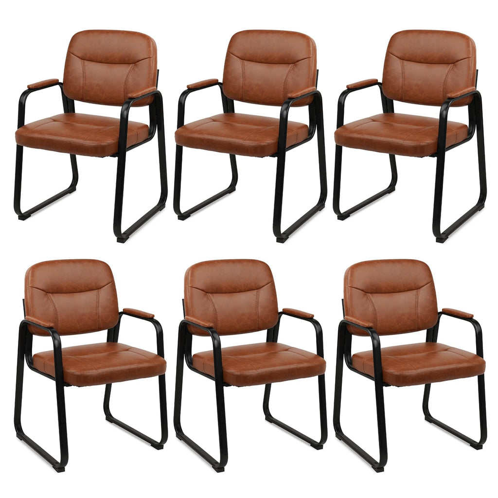 6 Pack, Waiting Room Guest Chair with Bonded Leather Padded Arm Rest for Office Reception and Conference Desk Black with Sled Base Brown