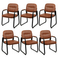 6 Pack, Waiting Room Guest Chair with Bonded Leather Padded Arm Rest for Office Reception and Conference Desk Black with Sled Base Brown