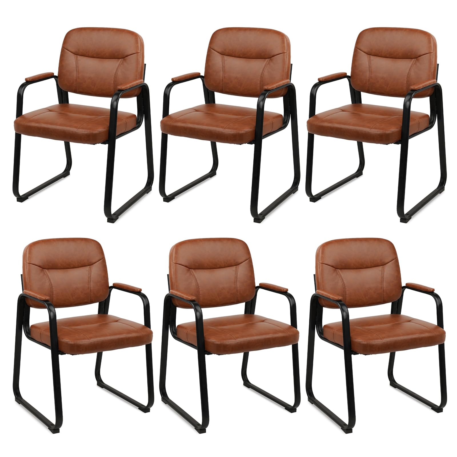 6 Pack, Waiting Room Guest Chair with Bonded Leather Padded Arm Rest for Office Reception and Conference Desk Black with Sled Base Brown