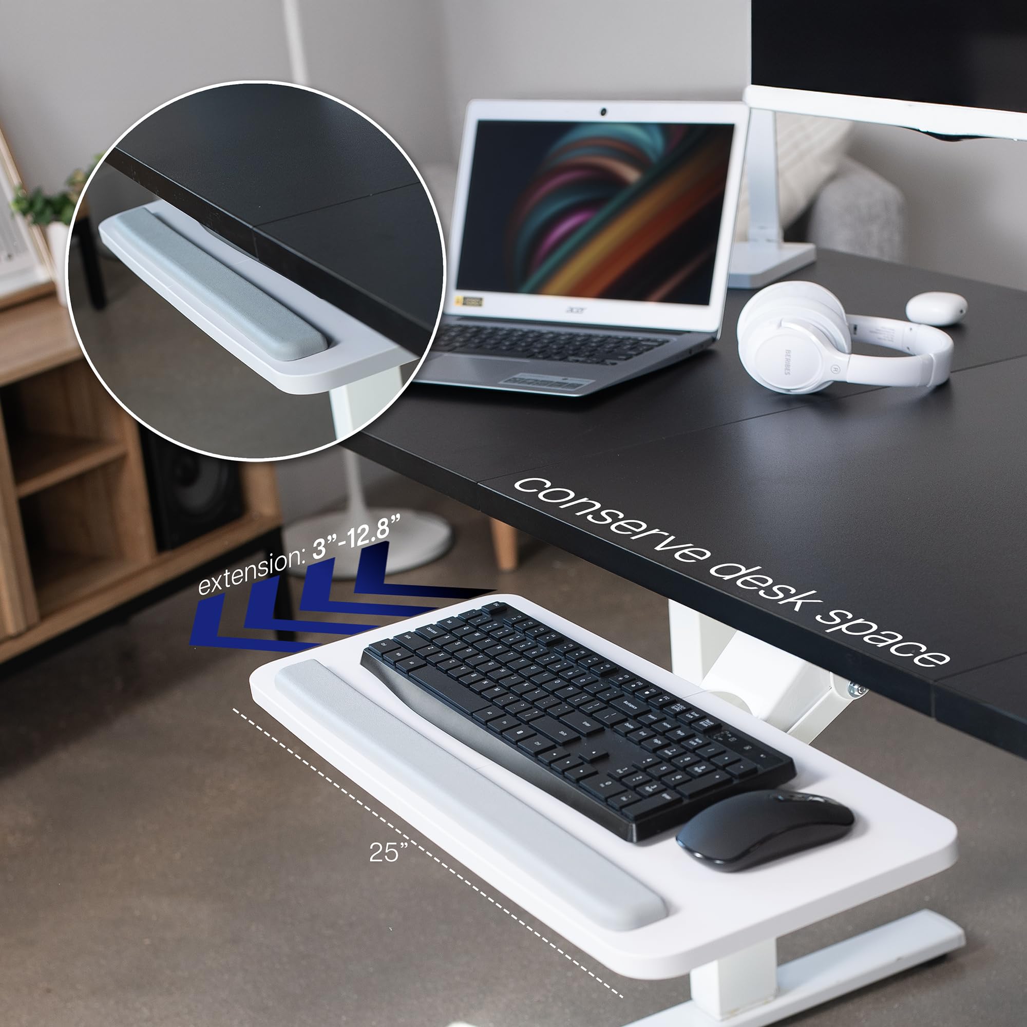Adjustable 25 x 10 inch Computer Keyboard and Mouse Platform Tray Ergonomic Under Table Desk Mount Drawer Underdesk Shelf, White