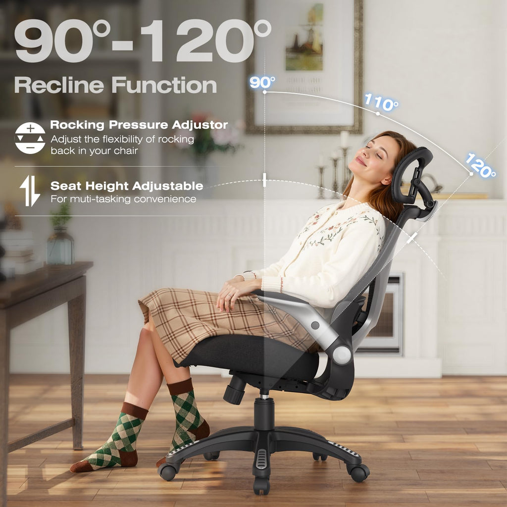 X100 Ergonomic Mesh Office Chair, Big and Tall Hone Desk Chair with 5D Flip-Up Arms, Adjustable 3D Lumbar Support,Gaming & Executive Computer Chairs for Long Hours, Padded Seat