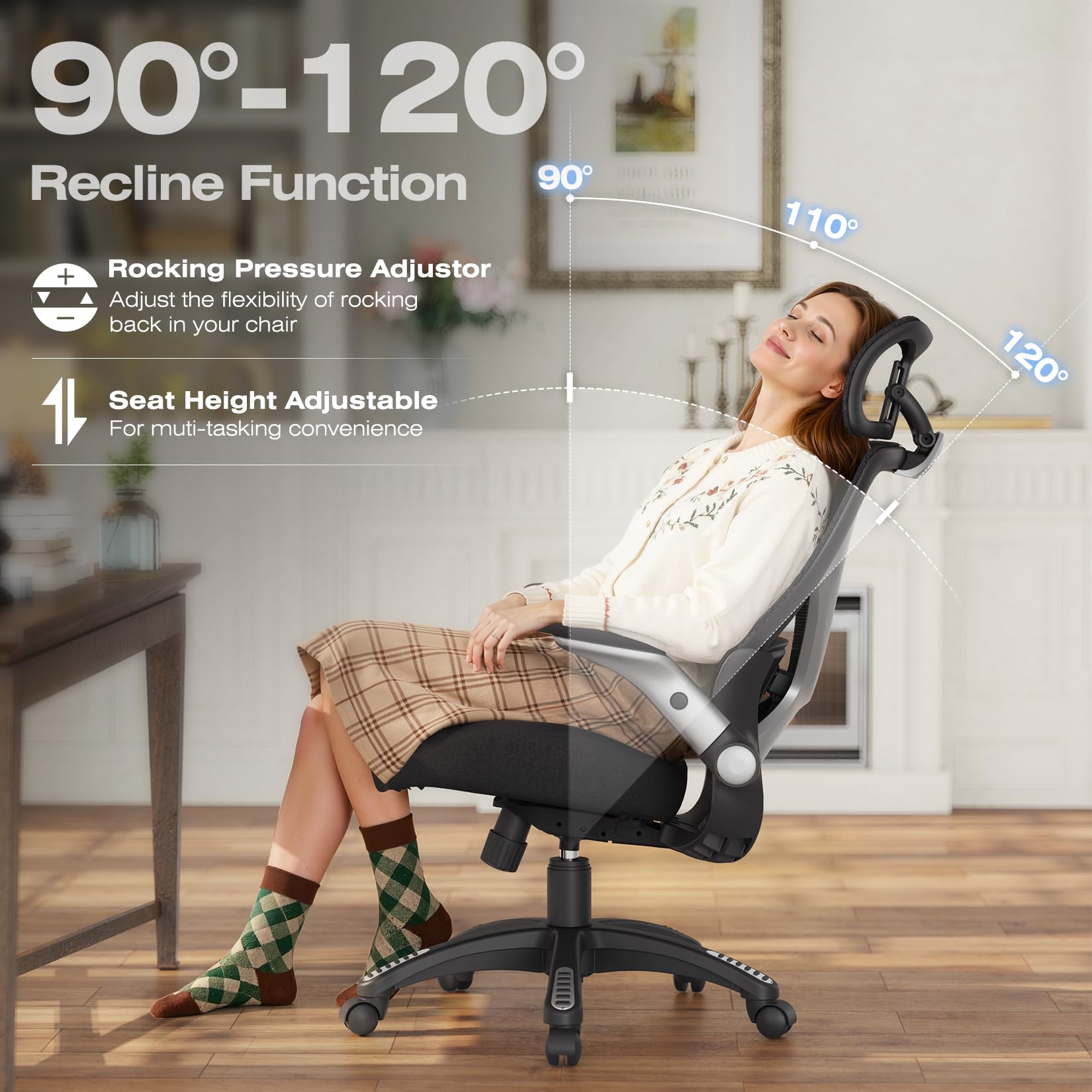 X100 Ergonomic Mesh Office Chair, Big and Tall Hone Desk Chair with 5D Flip-Up Arms, Adjustable 3D Lumbar Support,Gaming & Executive Computer Chairs for Long Hours, Padded Seat