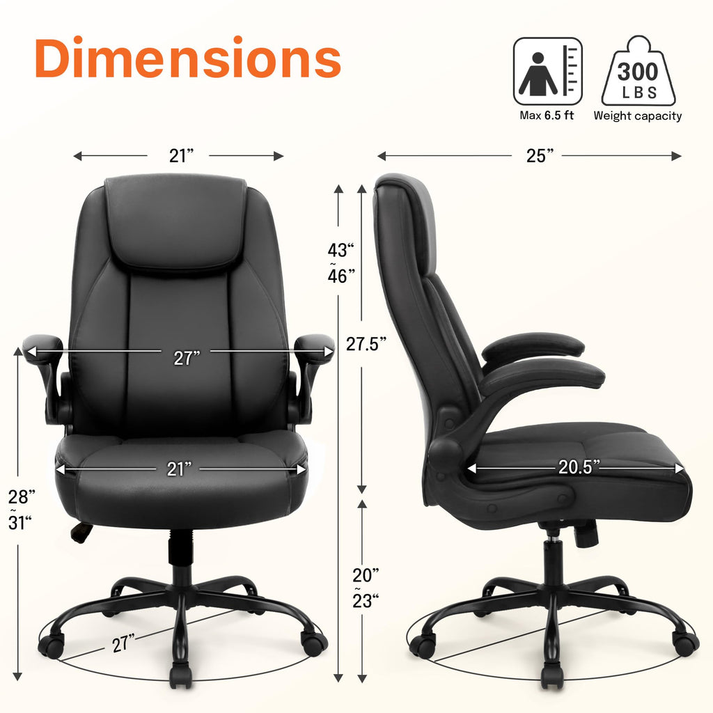 Office Desk Gaming Computer Home Chair Ergonomic Executive High Back Support Flip-up Arms Adjustable Height Swivel Rolling Wheels Comfy PU Leather (Black)