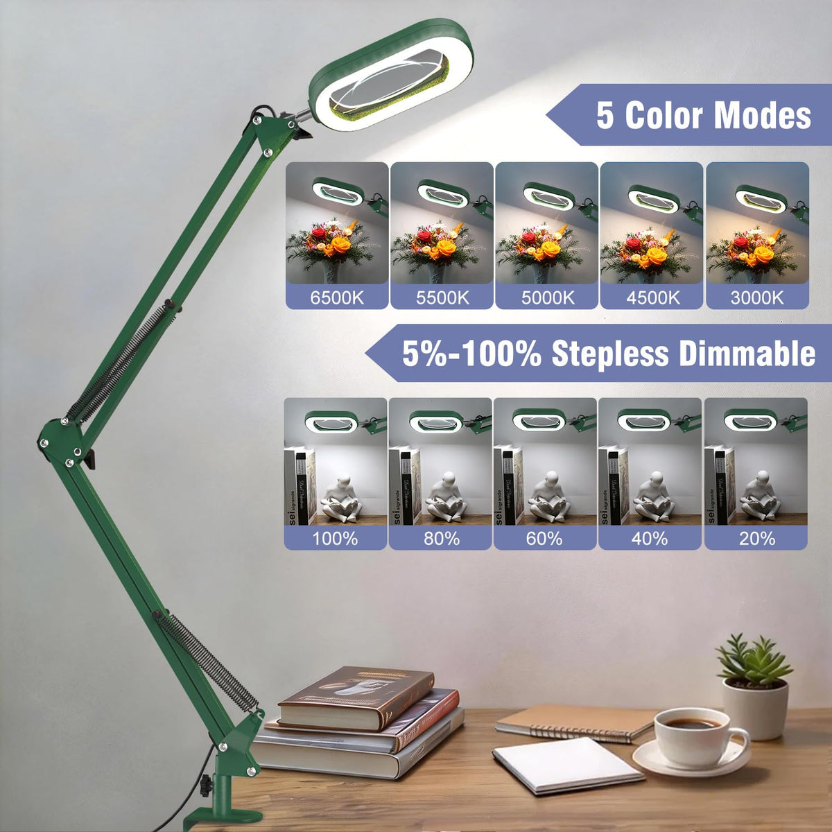 16" Extra Long Magnifying Glass with Light and Clamp, Real Glass, 5 Color Modes, Stepless Dimmable, Lighted Magnifier with Stand Hands Free, LED Swing Arm Desk Lamp for Close Work, Craft, Green