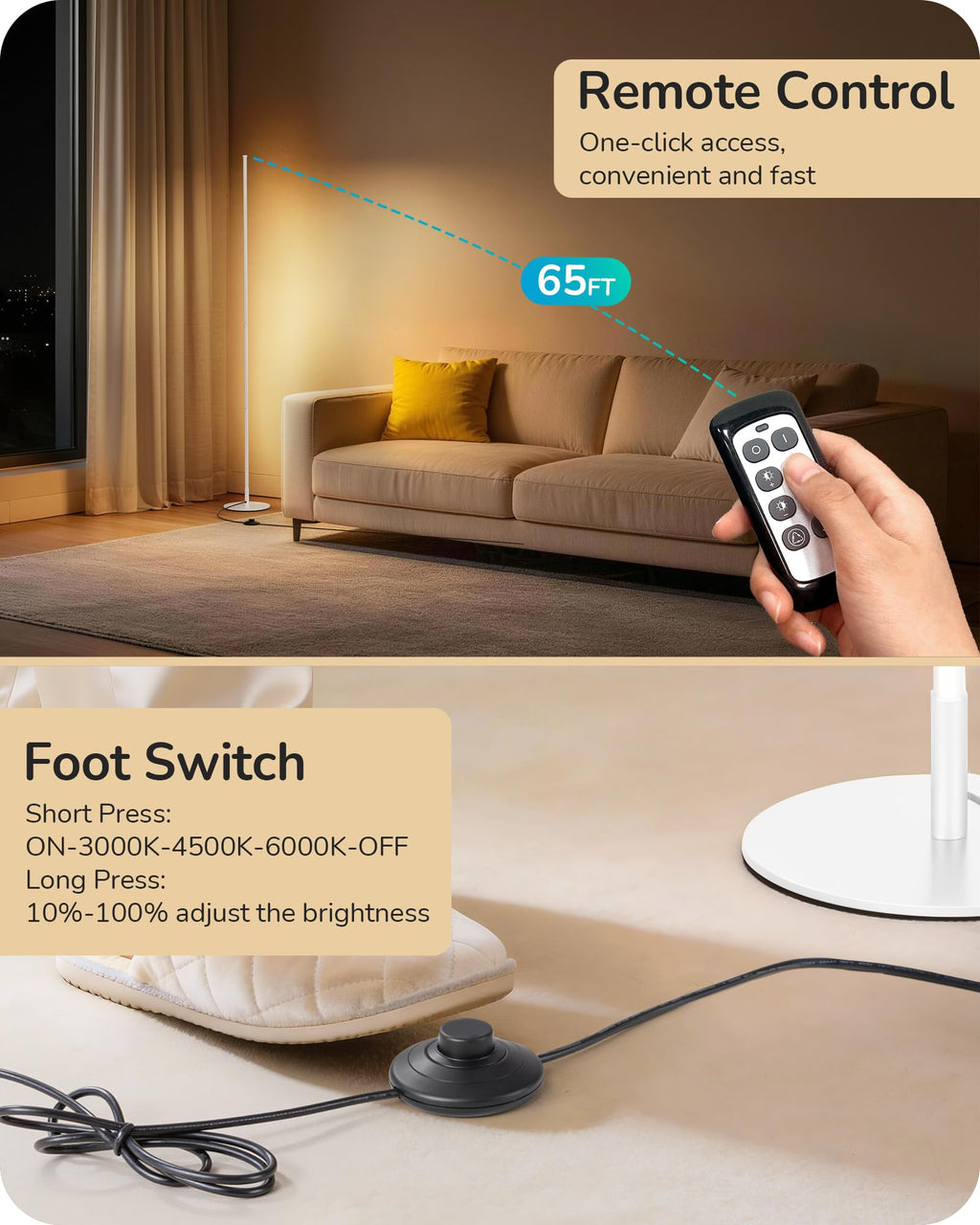 59.8" Corner Lamp with Remote & 3 Height Settings, Dimmable & 3CCT