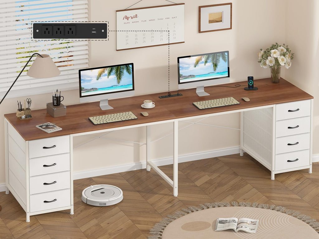 95'' Two Person Desk with 8 Drawers, Long Office Desk with Charging Station, 2 Person Desks Double Desk Writing Study Table for Home Office, Brown and White
