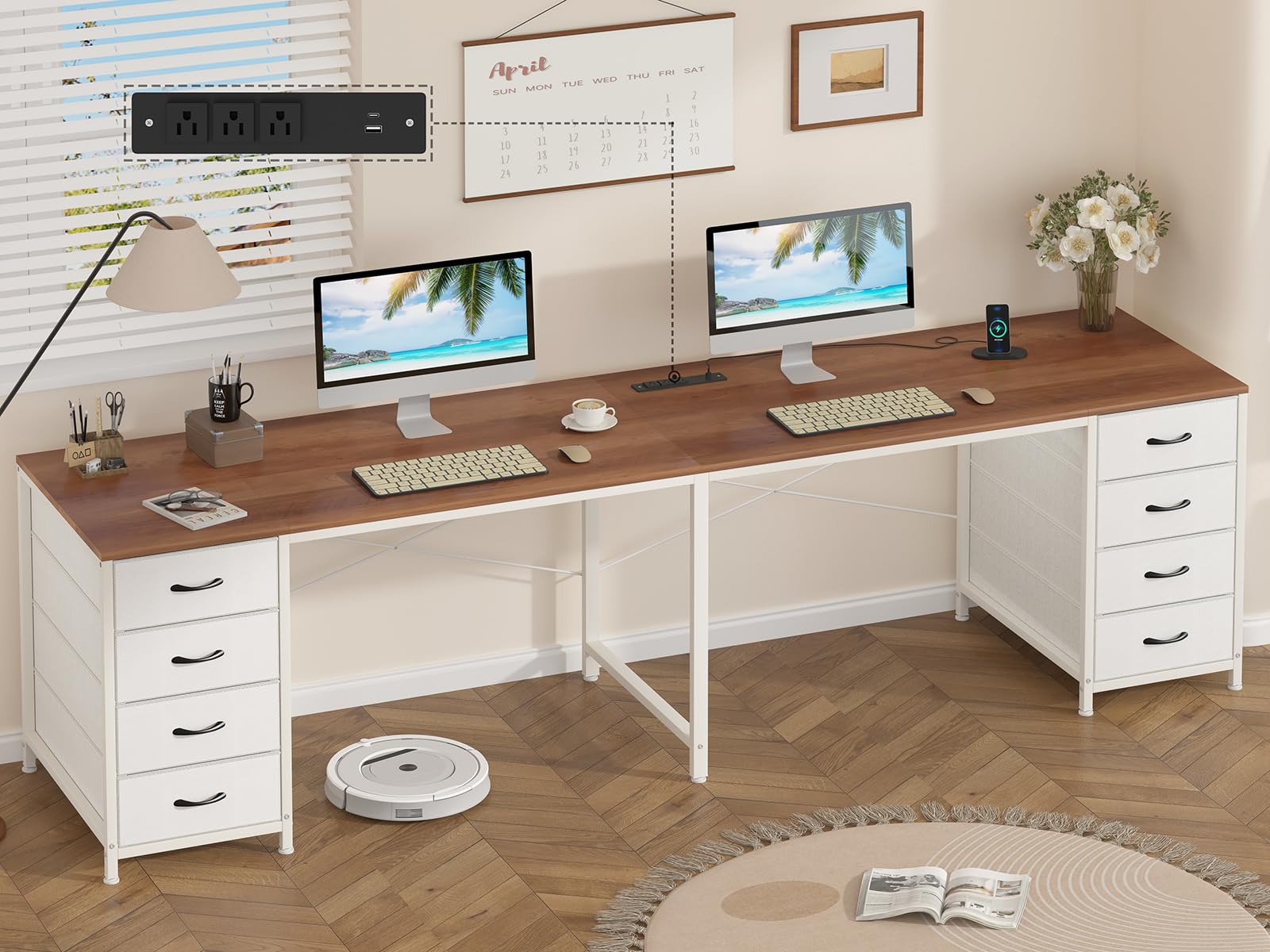 95'' Two Person Desk with 8 Drawers, Long Office Desk with Charging Station, 2 Person Desks Double Desk Writing Study Table for Home Office, Brown and White