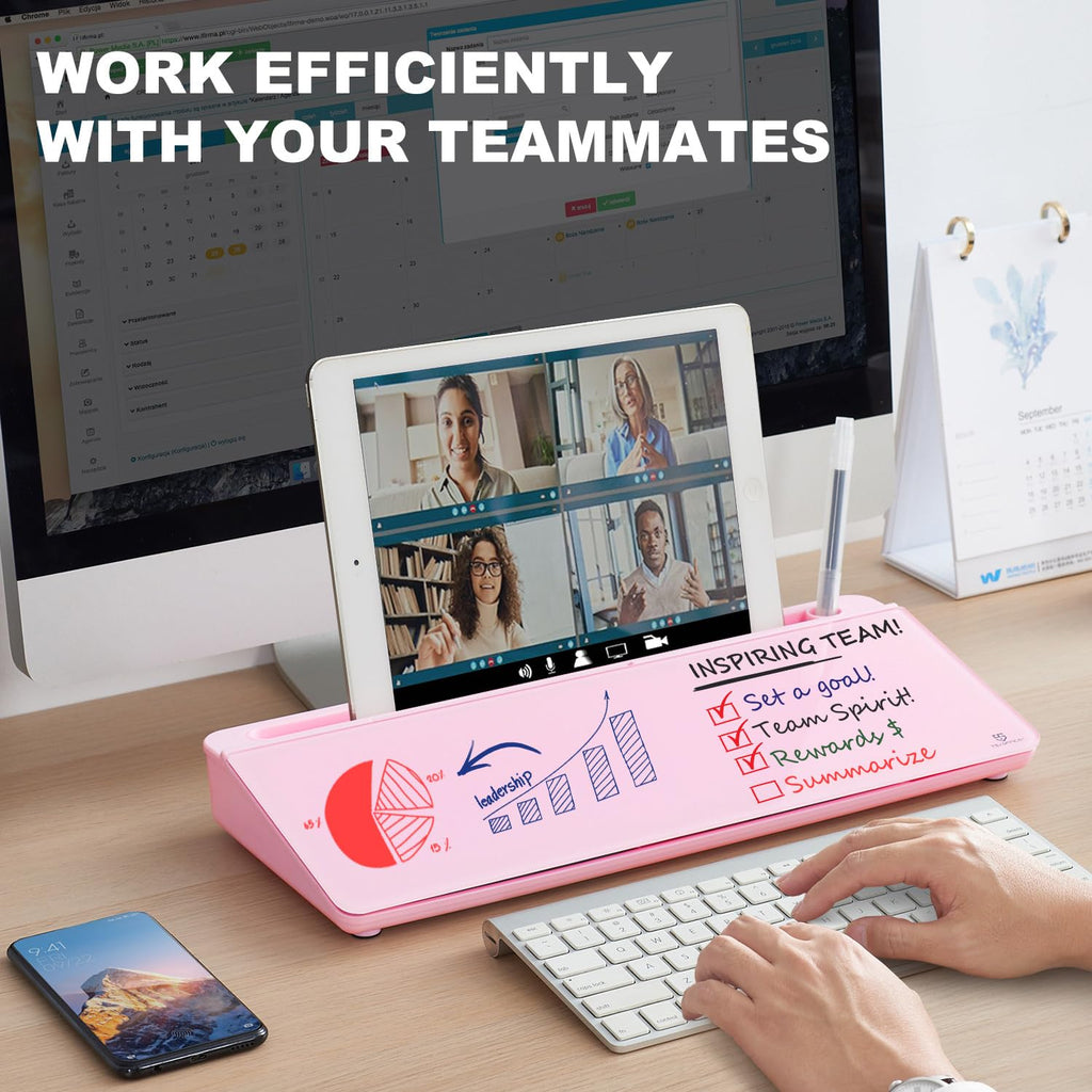 Desktop Whiteboard Dry-Erase-Board - Computer Keyboard Stand White Board Surface Pad with Drawer, Desk Organizers with Accessories for Office, Home, School Supplies - Complete Pink