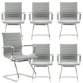 Conference Room Chairs Set of 6, Waiting Room Chairs with Arms, Faux Leather Reception Chairs No Wheels, Office Guest Chairs with Mid Back Support and Chrome Sled Base, Grey