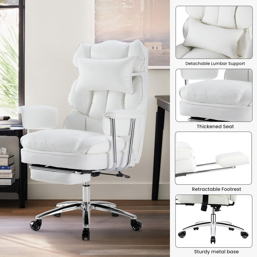 Home Office Desk Chair Comfy with Foot Rest, PU Leather Ergonomic Big and Tall High Back Support, 360° Swivel Wheels, Armrests and Detachable Pillow, Height Adjustable, White