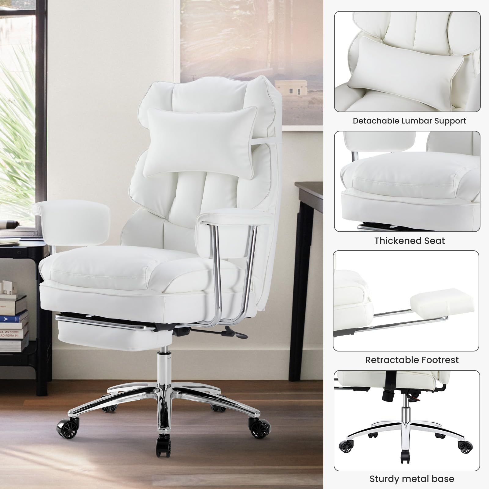 Home Office Desk Chair Comfy with Foot Rest, PU Leather Ergonomic Big and Tall High Back Support, 360° Swivel Wheels, Armrests and Detachable Pillow, Height Adjustable, White