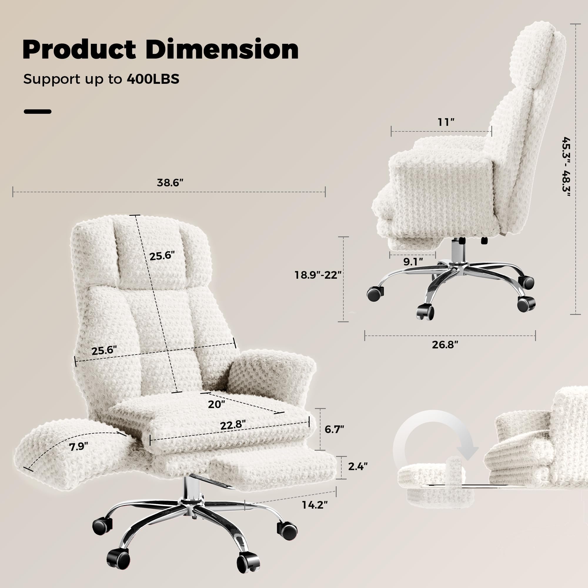 Big and Tall Office Chair, Flip Armrests for Pets & Cross Legged Sitting, Executive Ergonomic Computer Gaming Chair with Foot Rest, White Rose Velvet Wide Seat Reclining Desk Chair