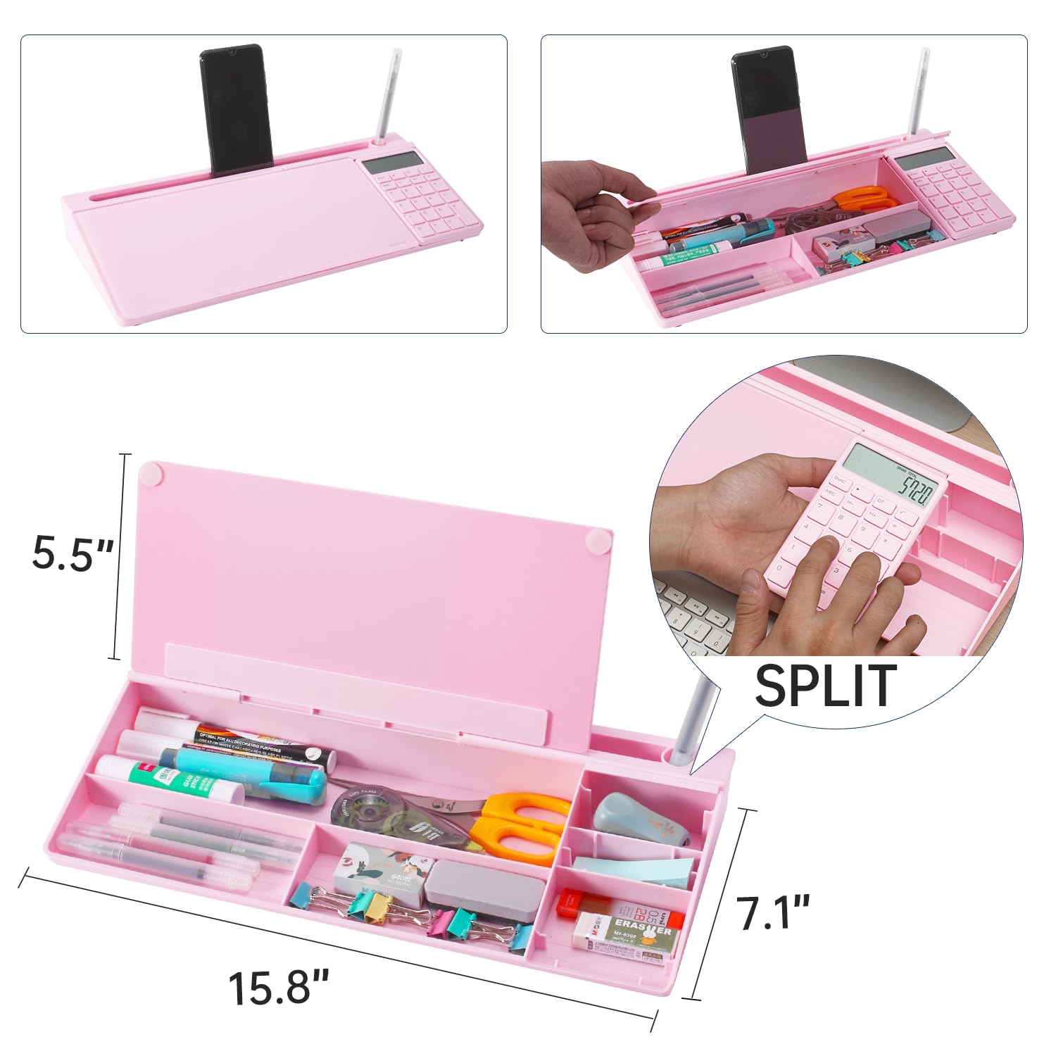 Small Glass Desktop Whiteboard Dry-Erase-Board - Computer Keyboard Stand with Calculator White Board Surface Pad with Drawer, Desk Organizers with Accessories for Office, Home, School Supplies - Pink