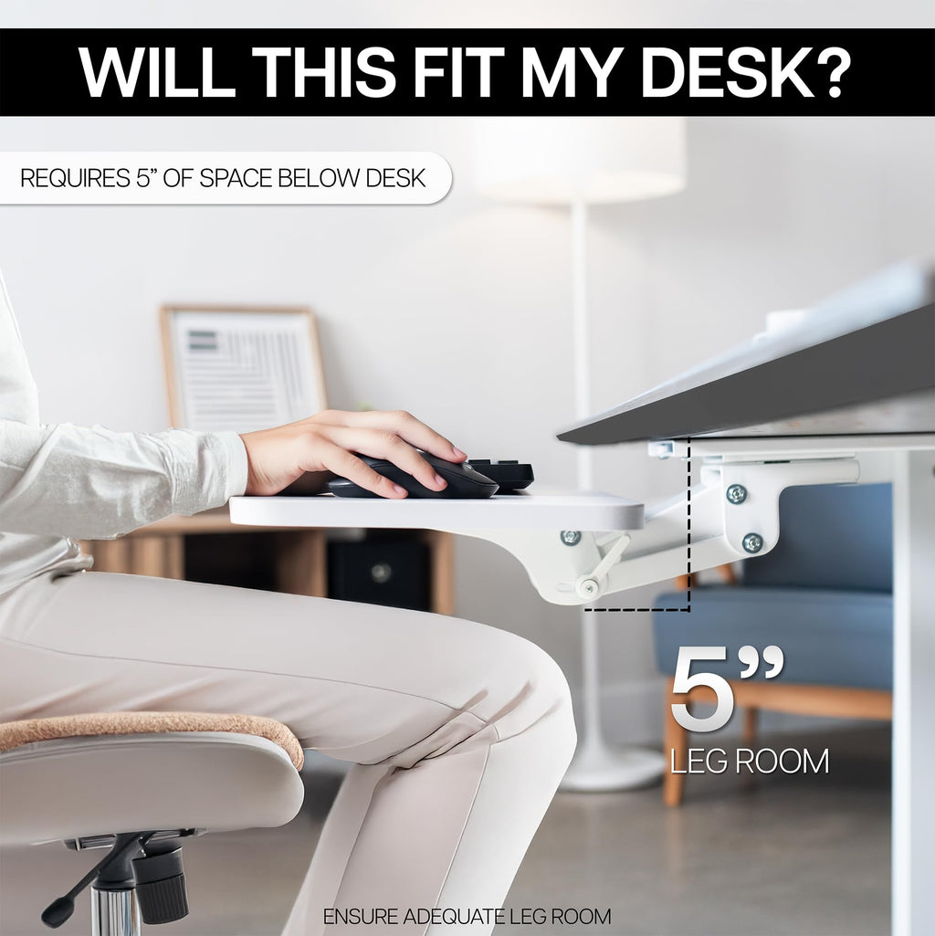 Adjustable 25 x 10 inch Computer Keyboard and Mouse Platform Tray Ergonomic Under Table Desk Mount Drawer Underdesk Shelf, White