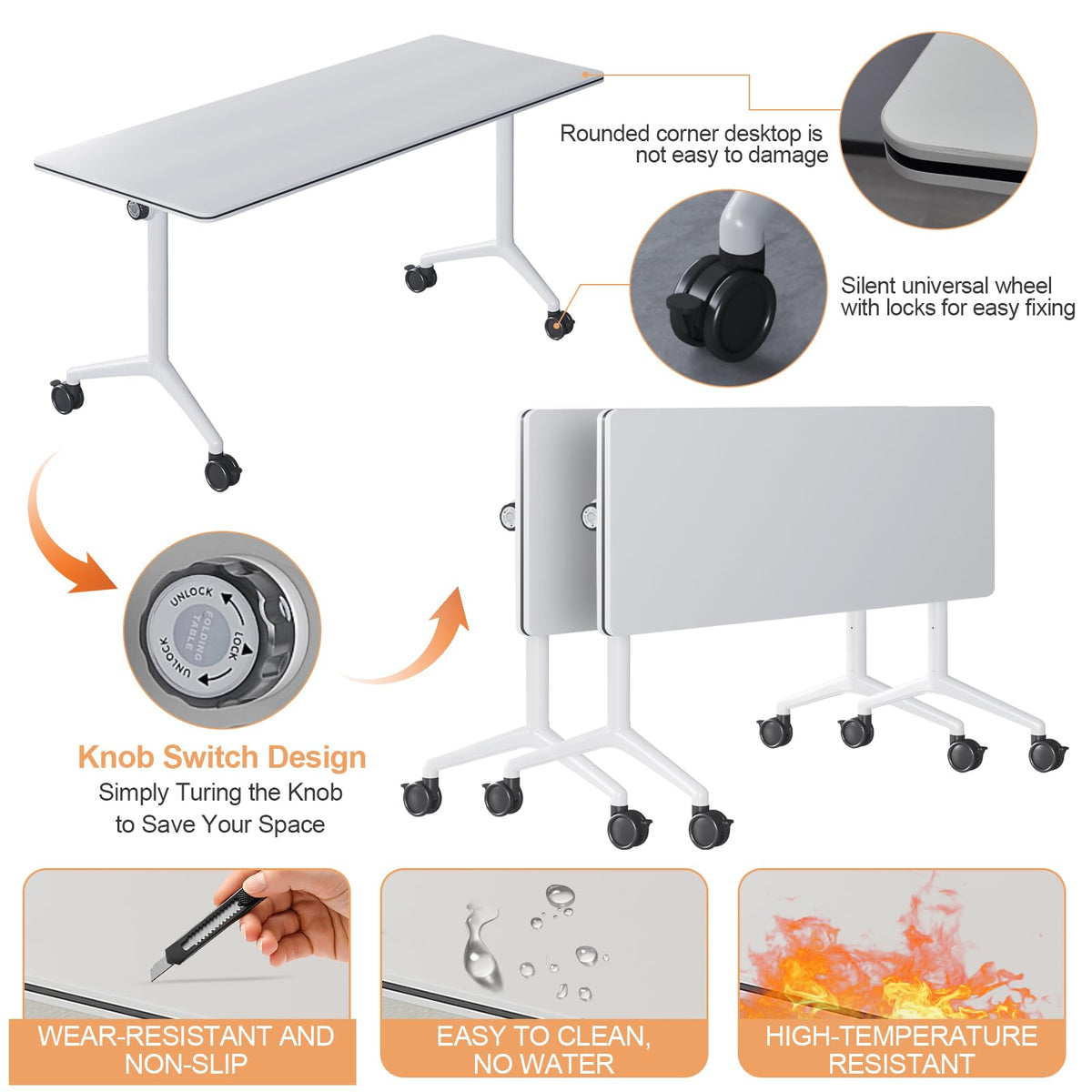 Folding Conference Table with Wheels, Flip-Top, 70.8in, 4 Pack, White
