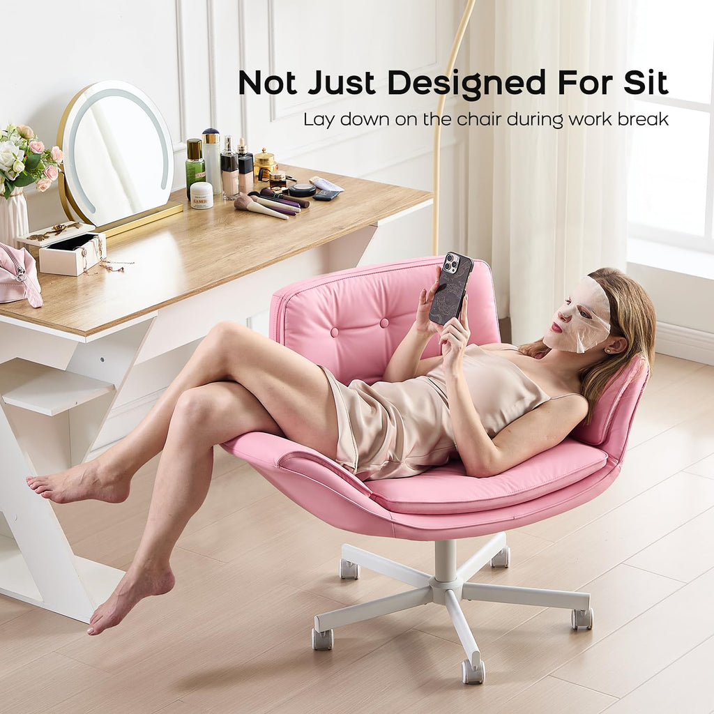 Criss Cross Office Chair, PU Leather Vanity Chair with 5-Level Adjustable Armrests & Swivel, Ergonomic Criss Cross Chair for Home Office Bedroom Makeup（Pink）