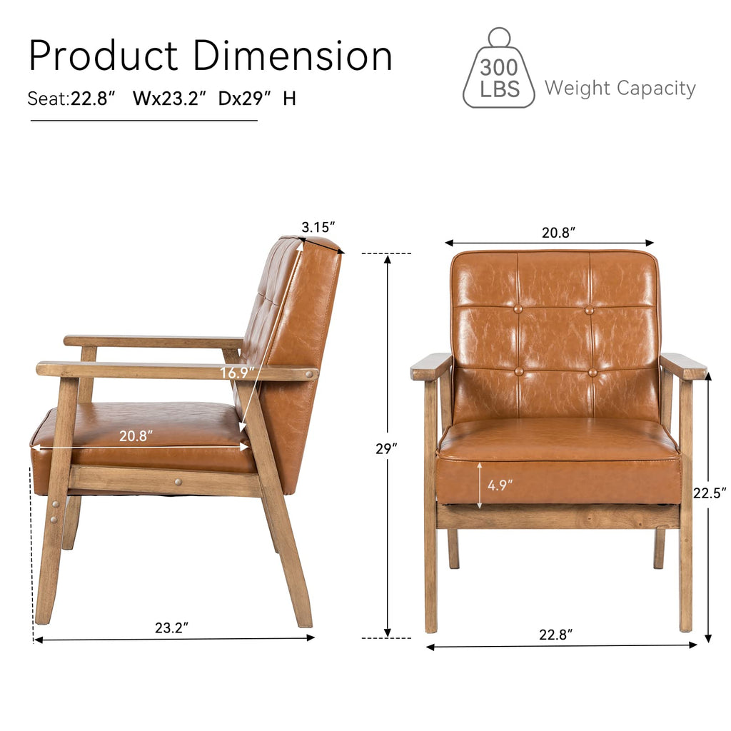 Mid Century Modern Accent Chair, Retro Wood Leather Armchairs Side Chair, Lounge Reading Comfy Arm Chair for Living Room, Bedroom, Office (Brown)