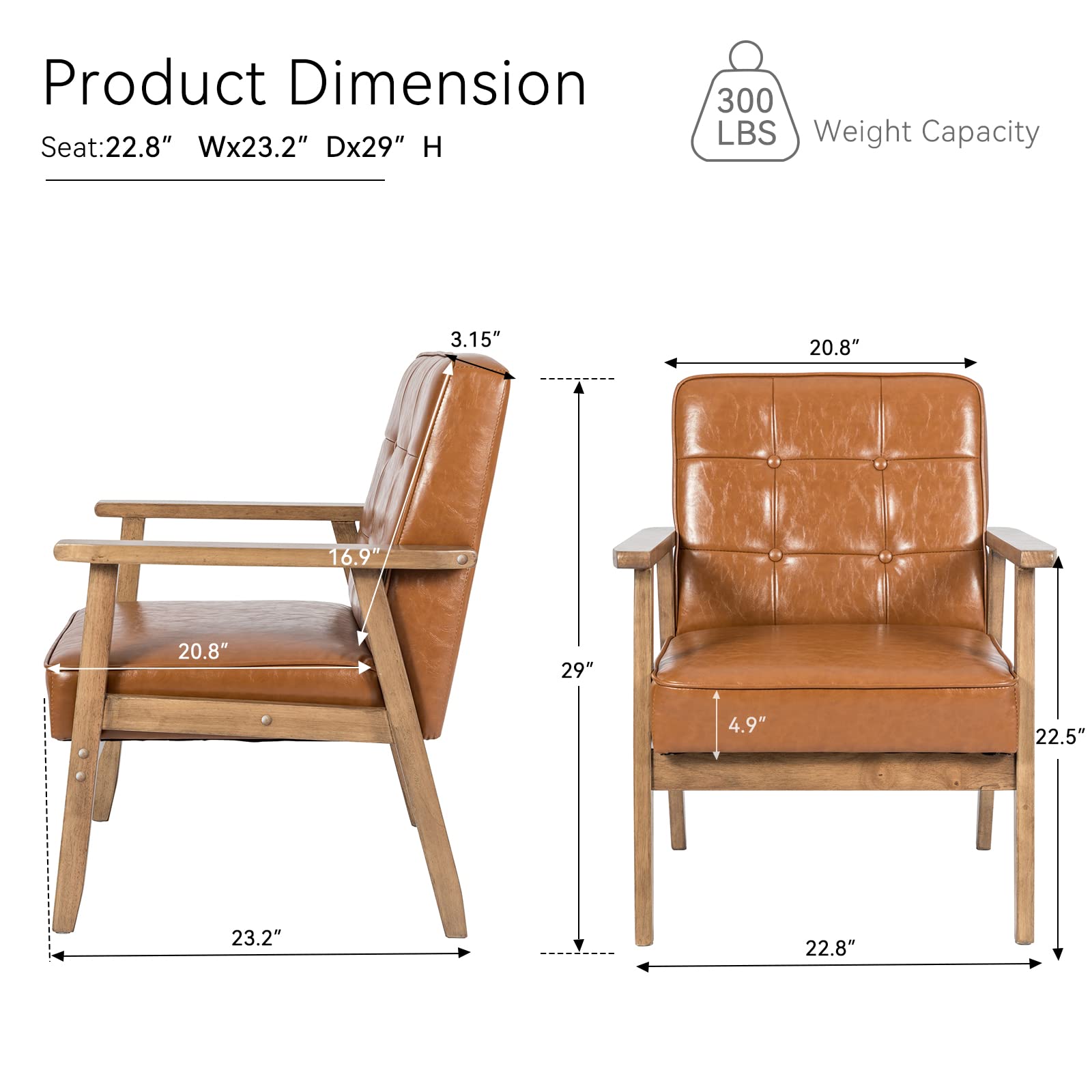 Mid Century Modern Accent Chair, Retro Wood Leather Armchairs Side Chair, Lounge Reading Comfy Arm Chair for Living Room, Bedroom, Office (Brown)