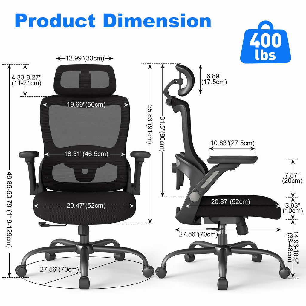 Ergonomic Office Chair, Home Computer Chair with 3D Adjustable Headrest and 4D Flip-Up Armrests, Adjustable Lumbar Support, Suitable for Office and Study, 4PC, Black
