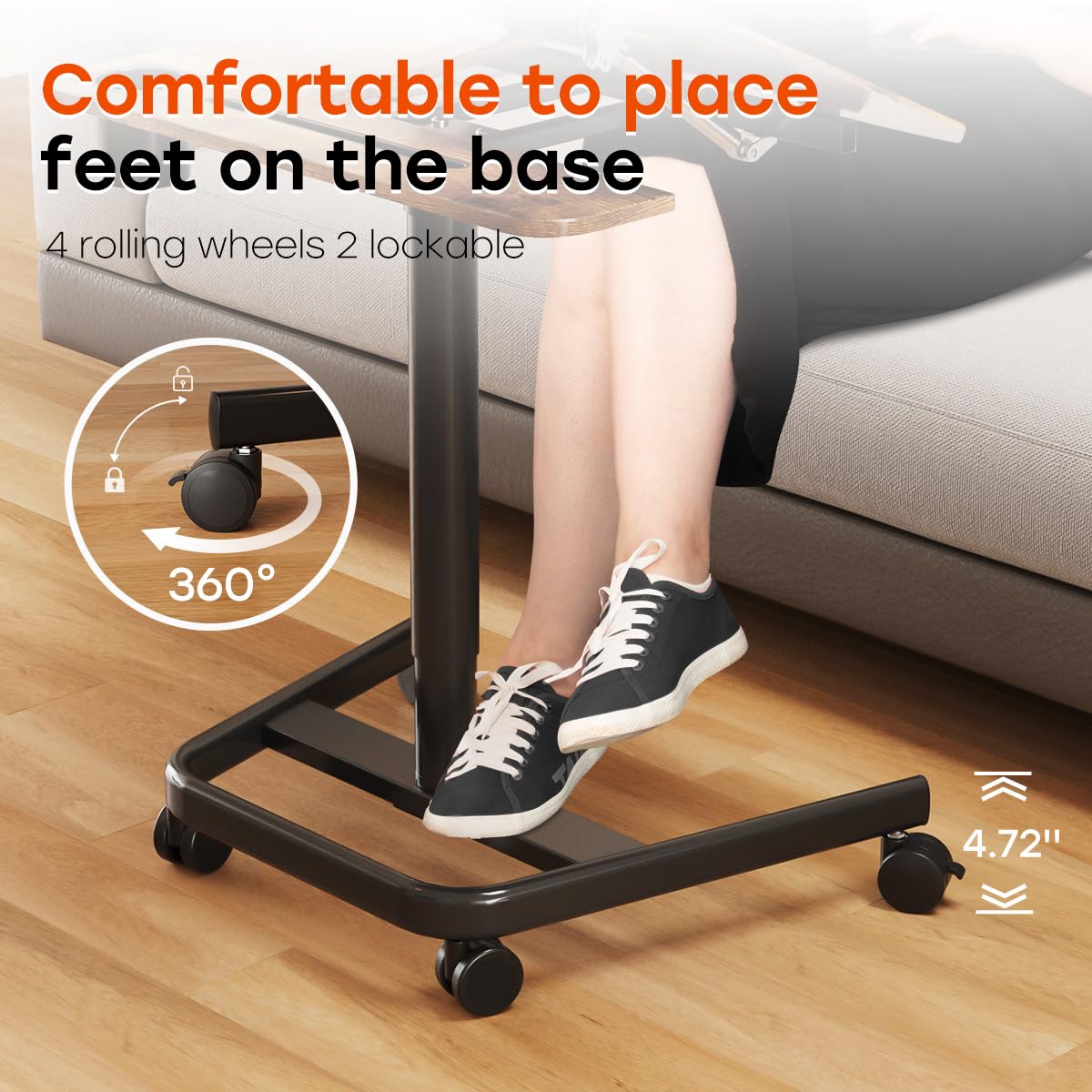 Mobile Standing Desk, Height Adjustable Table, 60° Tiltable Rolling Laptop Desk, Portable Sit Stand Desk with Wheels Cup Holder for Bed Couch Hospital, Holds Up to 22lbs, Rustic
