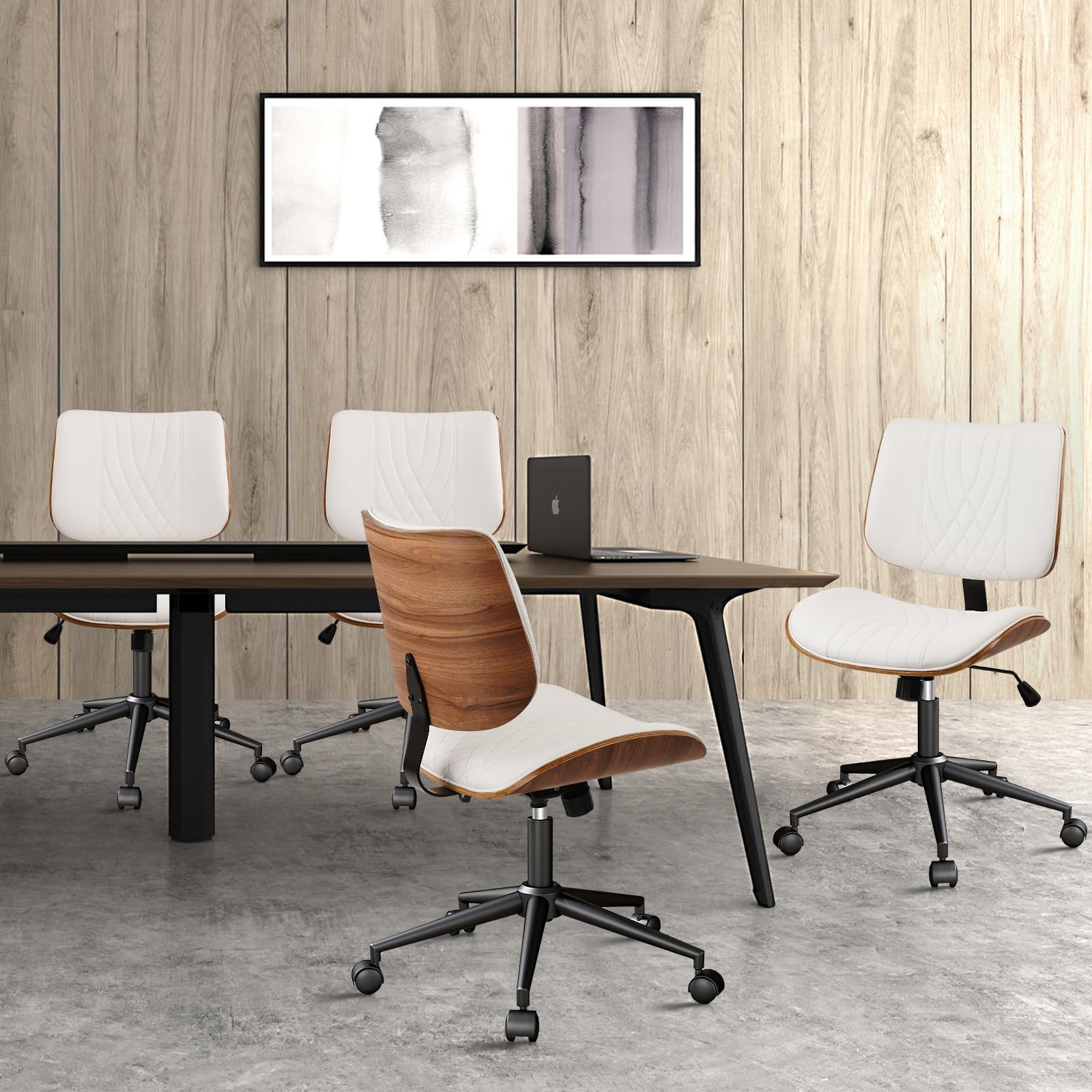4Pack, Armless Home Office Chair, Desk Chair with Wheels, Adjustable Height Reading Chairs, Leather Mid Back & Swivel Computer Chairs, Modern Walnut with Back for Study Meeting Room(White)