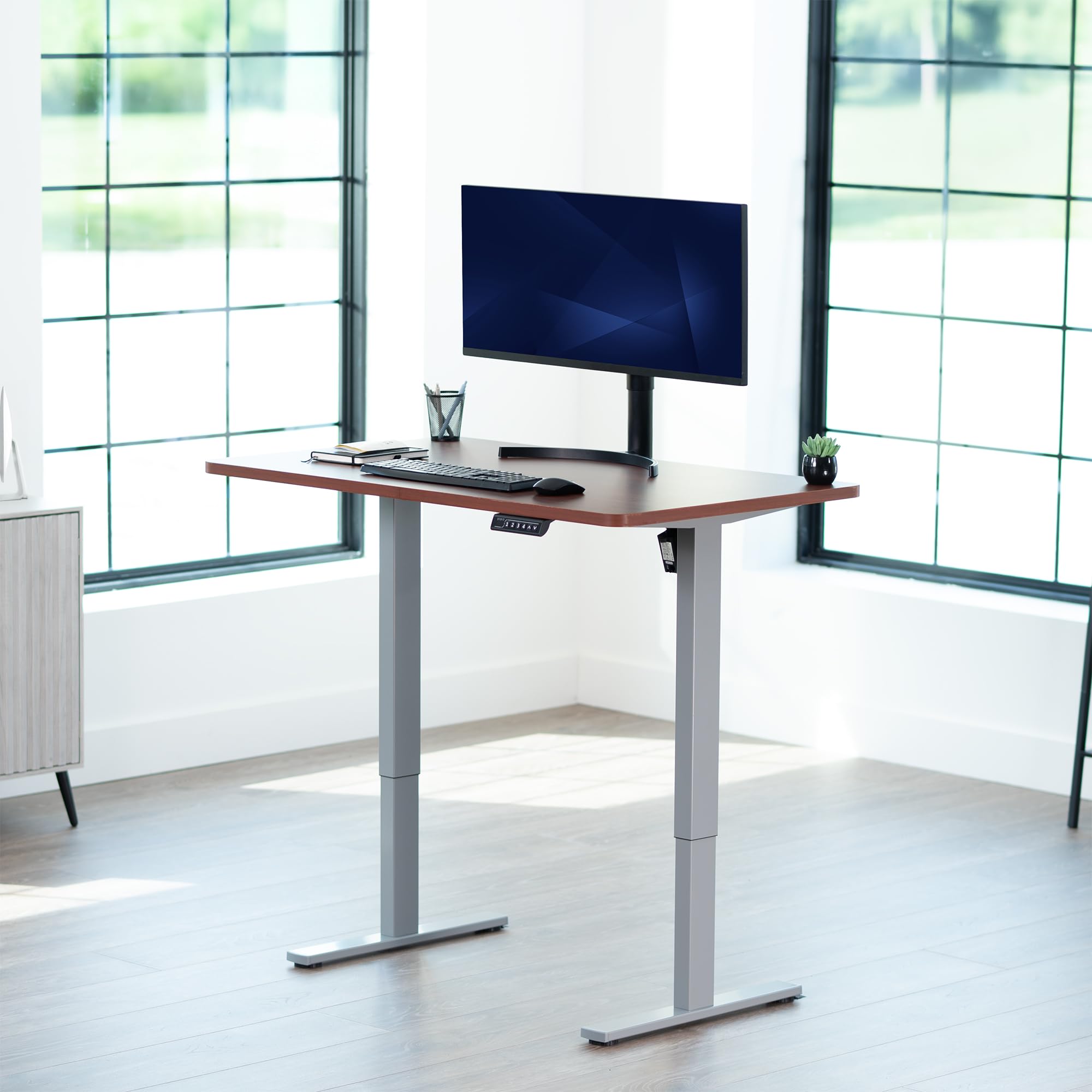 Electric 48 x 30 in Standing Desk, Memory Height Adjustment, 1B Series, Holds 220 lbs, One-Piece Dark Walnut Top, Gray Frame
