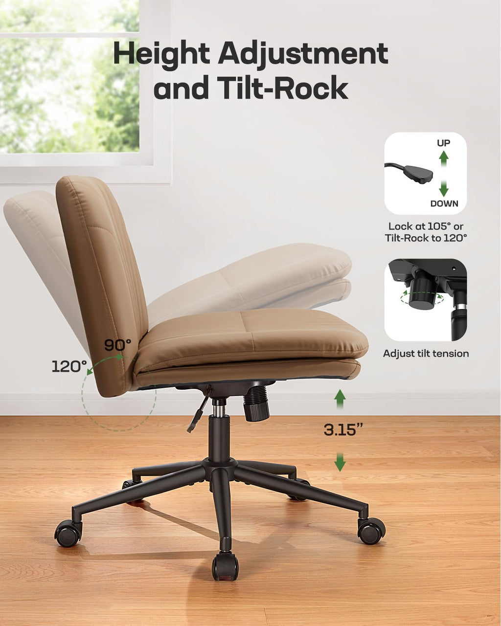 Armless-Office Desk Chair with Wheels: PU Leather Cross Legged Wide Chair,Comfortable Adjustable Swivel Computer Task Chairs for Home,Office,Make Up,Small Space,Bed Room, Brown