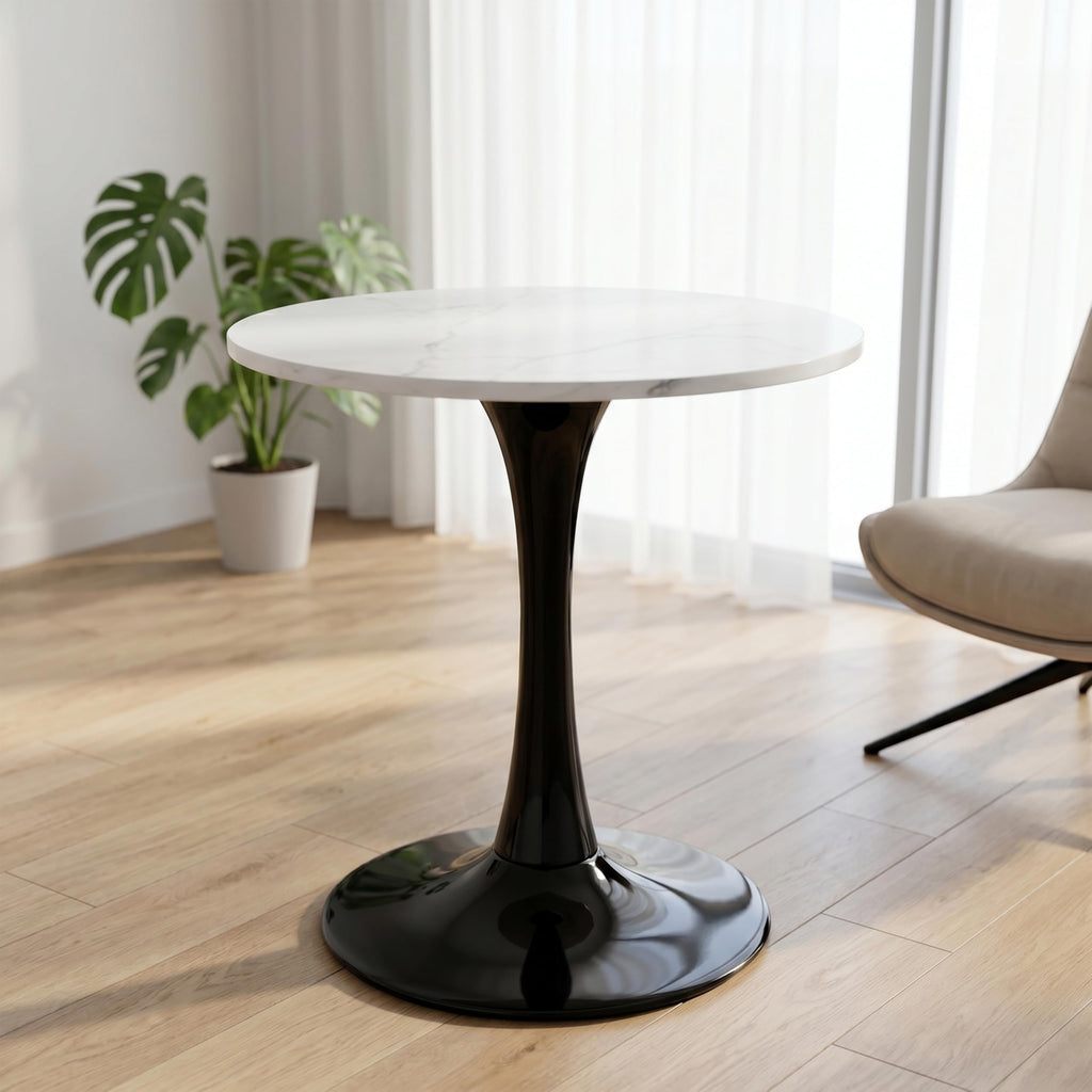 Sybrioka 27.6" Marble Round Tulip Table, Mid-Century Modern Style Dining Table with Black Pedestal Base for 2-4 People, Featuring A Marble Tabletop for Kitchen, Dining Room, Cafe (White)