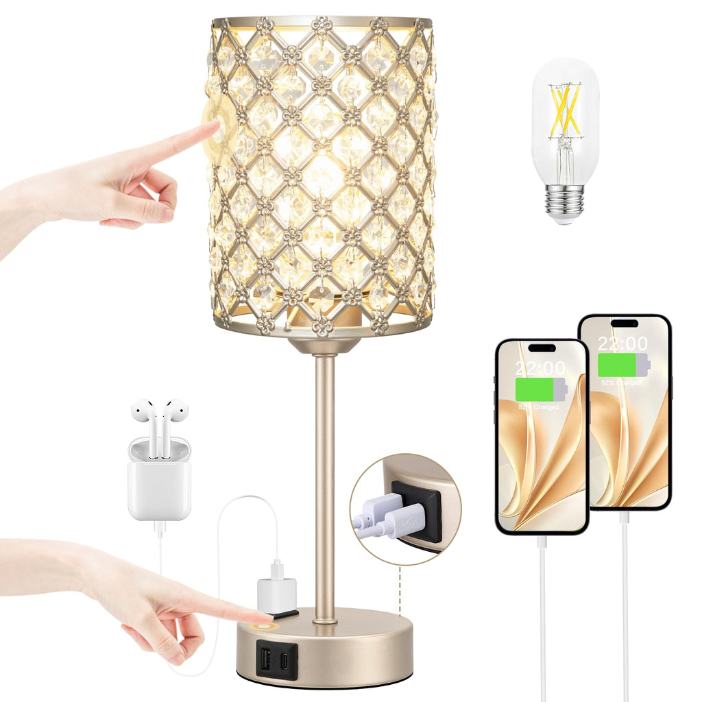 Champagne Gold Lamps for Night Stands, Crystal Table Lamp (Bulb Included)