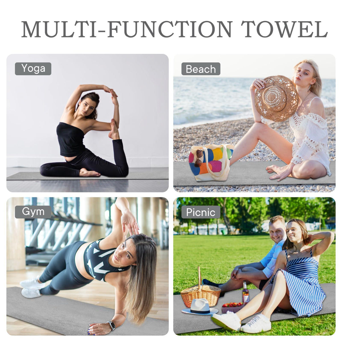 Yoga Towels, Non Slip Hot Yoga Mat Towel with Grip Dots,Super-Absorbent Soft Microfiber Yoga Blanket for Pilates, Fitness and Workout 72inch x 24inch (Grey)
