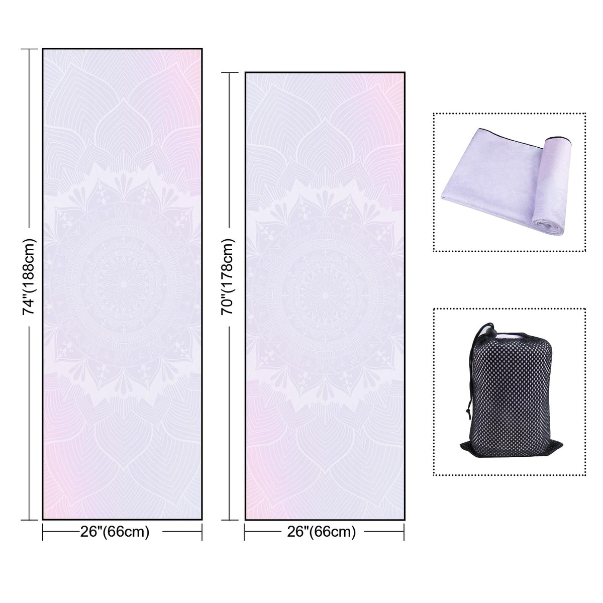 Non Slip Hot Yoga Towel, 70"x26", Purple Mandala