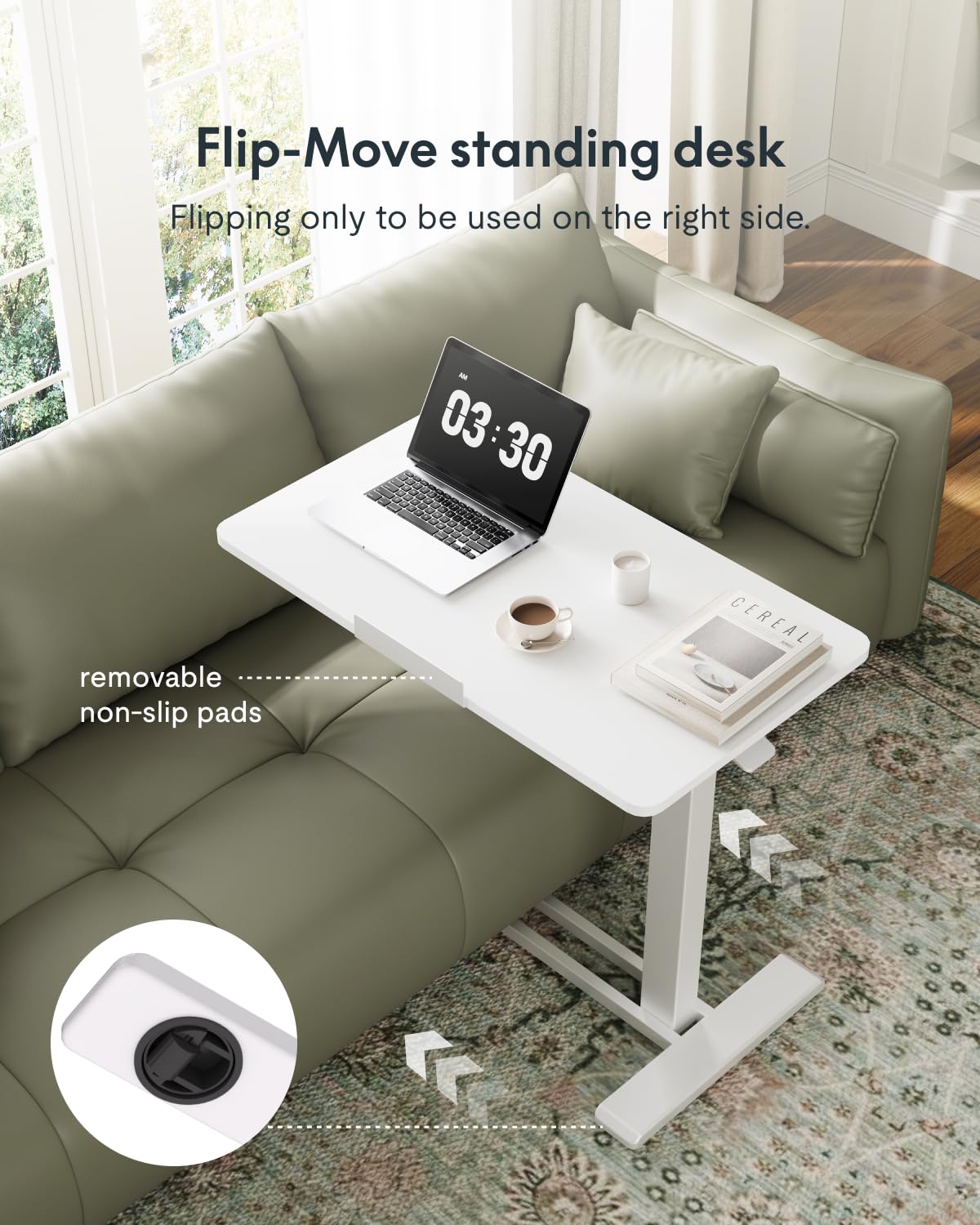 H7 PRO Mobile Standing Desk Adjustable Overbed Table Pneumatic with Wheels 90°Tiltable Portable Laptop Desk Rolling Computer Cart Foldable Bedside Table(27.6" W x 15.7" D, White)