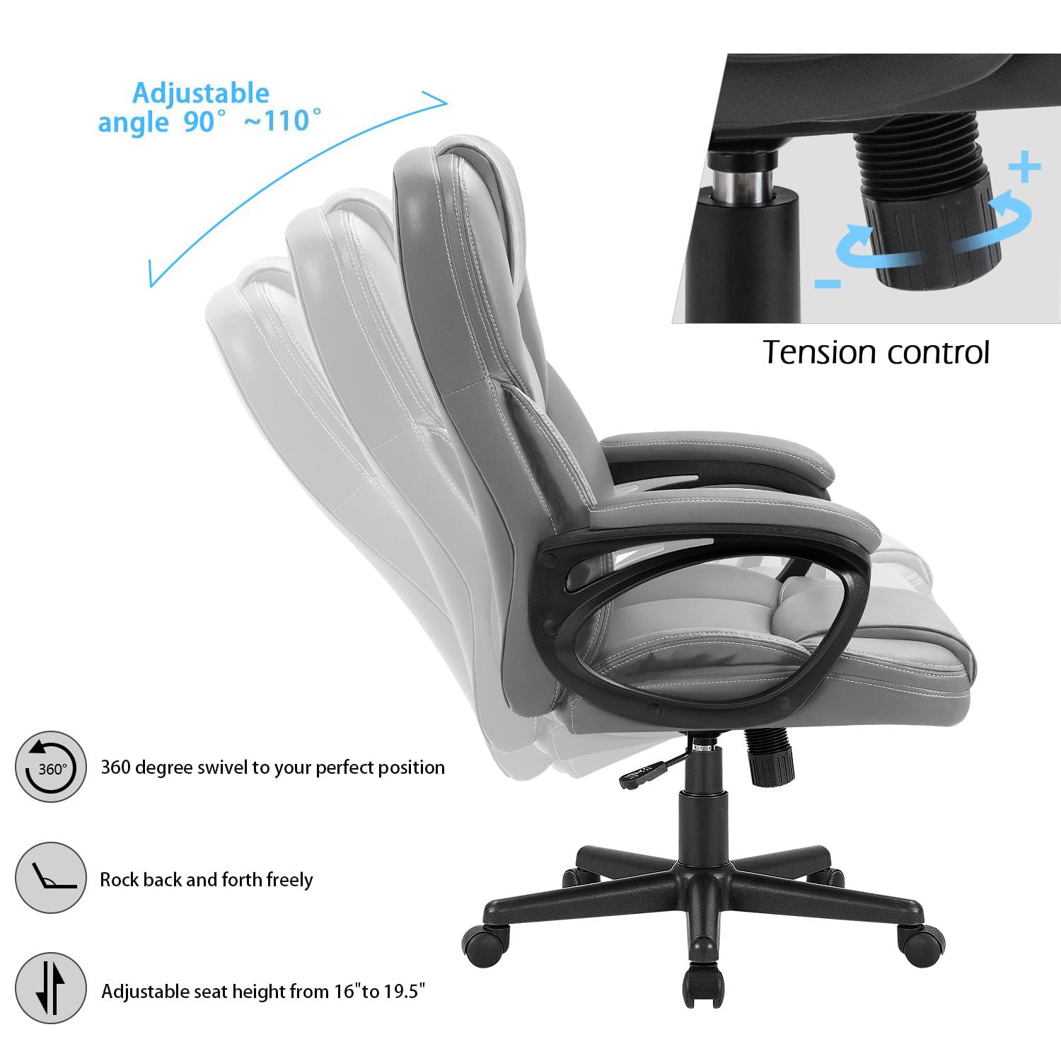 (2, Gray) Office Executive Chair High Back Adjustable Managerial Home Desk Chair, Swivel Computer PU Leather Chair with Lumbar Support