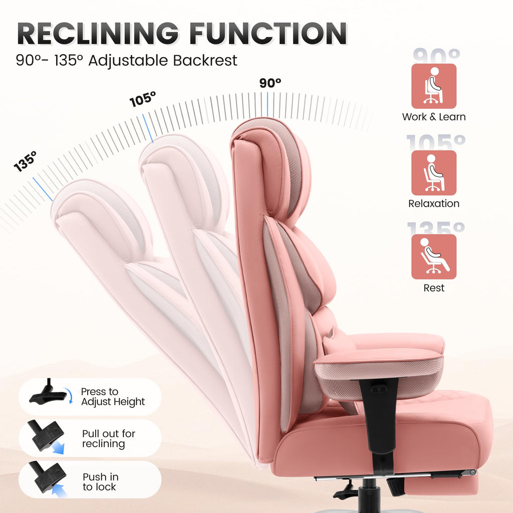 Office Desk Chair, Big and Tall Leather Gaming Chair with Footrest, Ergonomic Comfy Executive High-Back Reclining Computer Chairs, Wide Swivel Rolling Wheels and Padded Lumbar Support, Pink