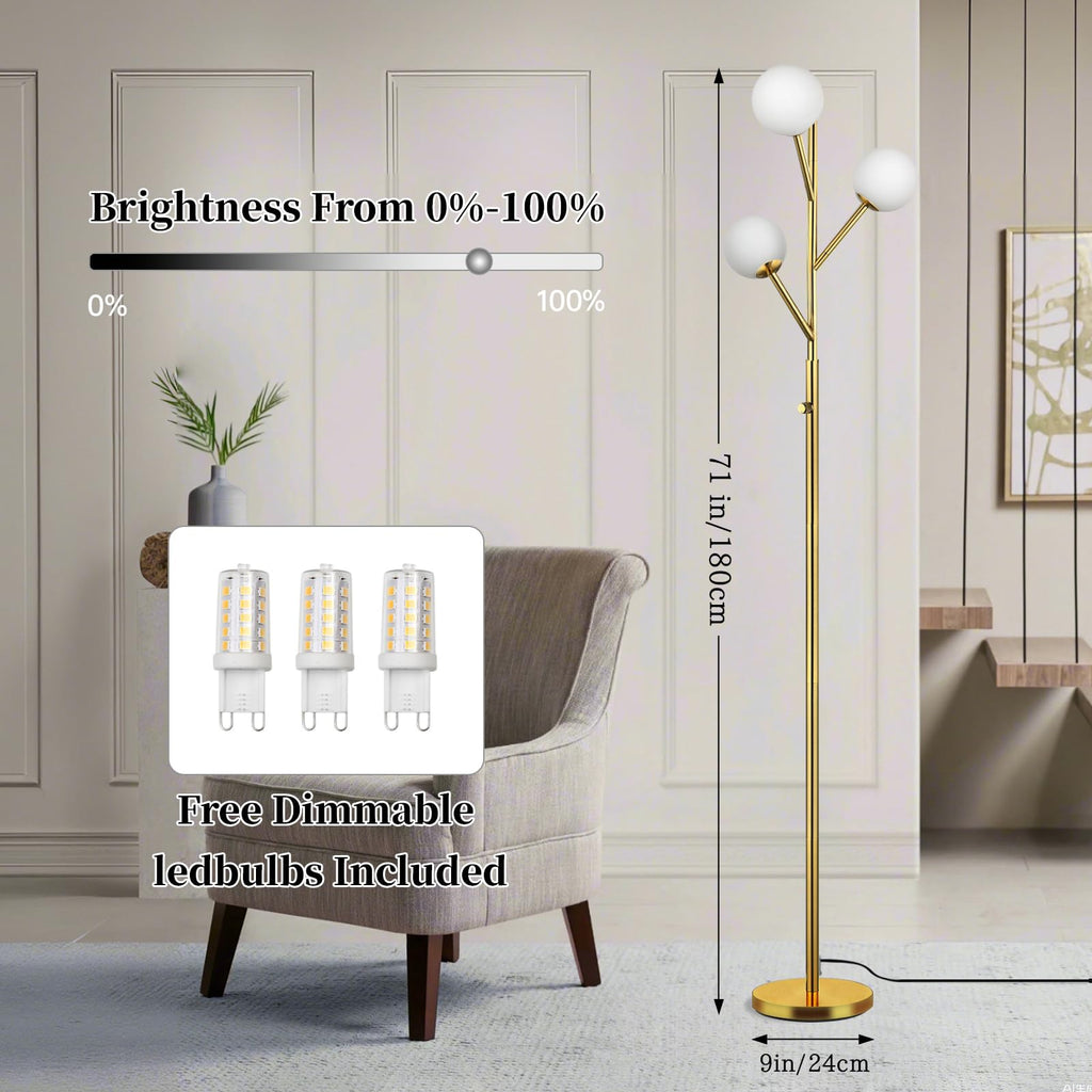 70in Gold 3-Globe Mid Century Dimmable Floor Lamp for Living Room G9 LED Bulbs Included,Modern Standing Lamp with Frosted Glass Shade for Bedroom,Studyroom Antique Brass Lighting(dimmer-Gold)