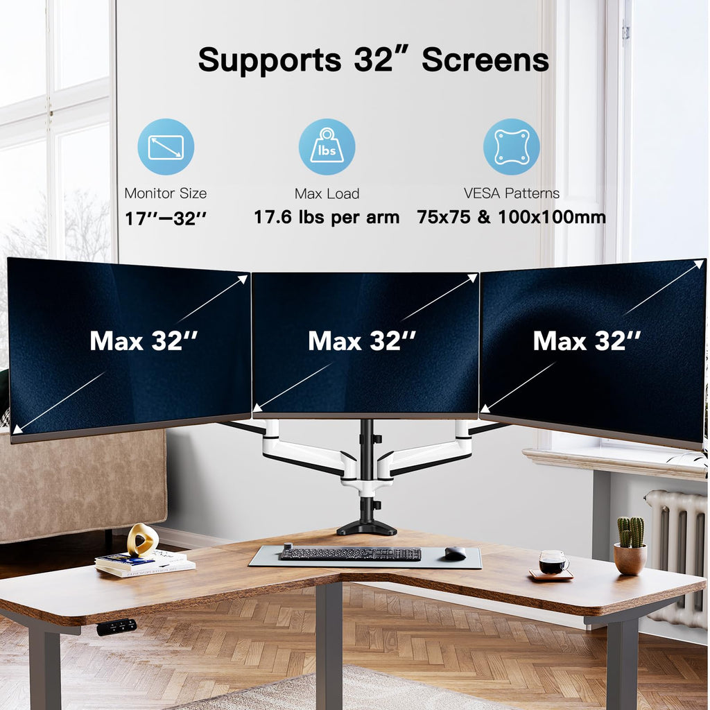 Triple Monitor Stand - Full Motion Articulating Monitor Mount Fit Three 17 to 32 inch LCD Computer Screens with Clamp, Grommet Kit