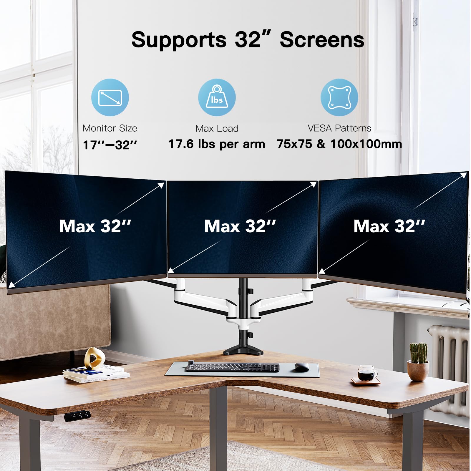 Triple Monitor Stand - Full Motion Articulating Monitor Mount Fit Three 17 to 32 inch LCD Computer Screens with Clamp, Grommet Kit