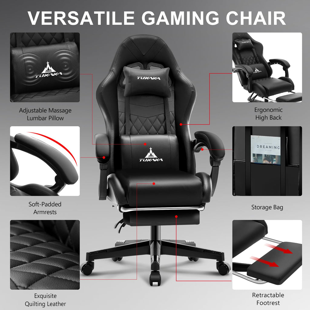 Gaming Chair,Ergonomic Massage Computer Office Desk Chair with Footrest,Pocket Spring Cushion,Reclining Leather Adjustable Gamer Chair with Headrest and Lumbar Support,Black