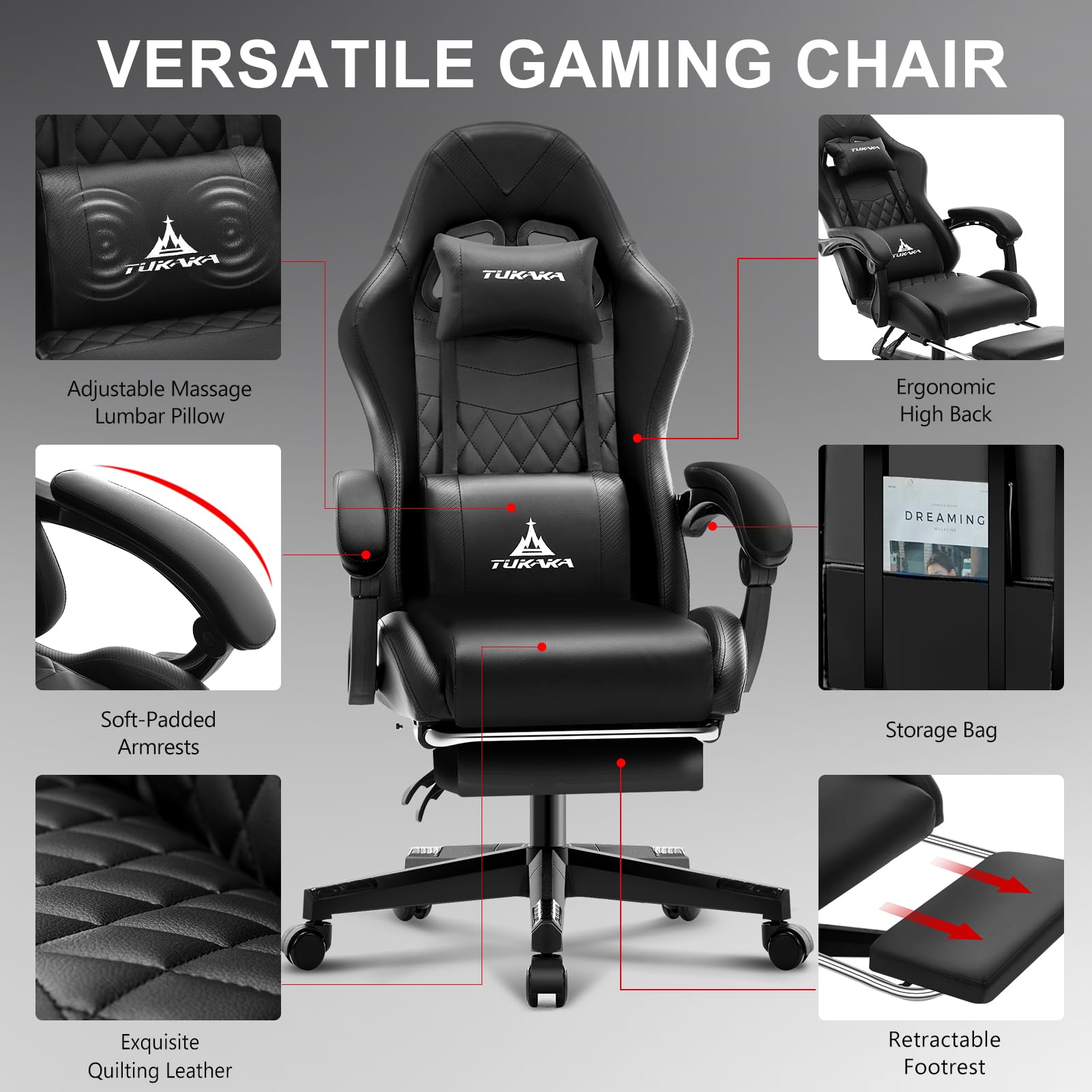Gaming Chair,Ergonomic Massage Computer Office Desk Chair with Footrest,Pocket Spring Cushion,Reclining Leather Adjustable Gamer Chair with Headrest and Lumbar Support,Black