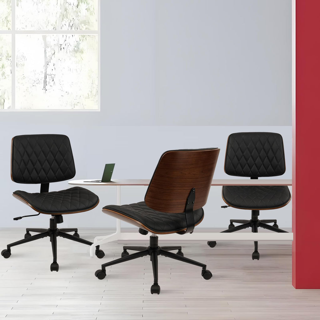 (4 pk) Home Office Desk Chair with Wheels, Adjustable Height Armless Office Chair, PU Leather Mid Back 360 Swivel Computer Chair, Modern Walnut Chair for Home, Meeting, Reading Room,Black