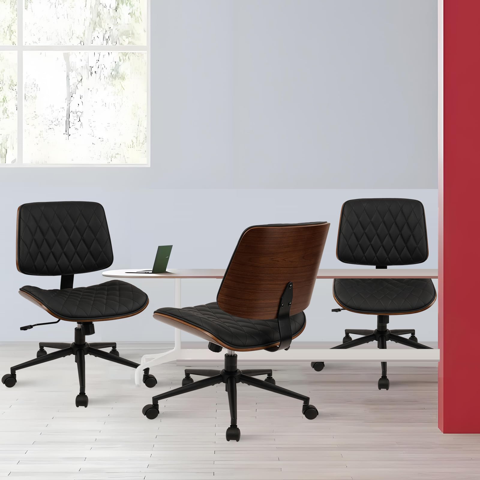 (4 pk) Home Office Desk Chair with Wheels, Adjustable Height Armless Office Chair, PU Leather Mid Back 360 Swivel Computer Chair, Modern Walnut Chair for Home, Meeting, Reading Room,Black