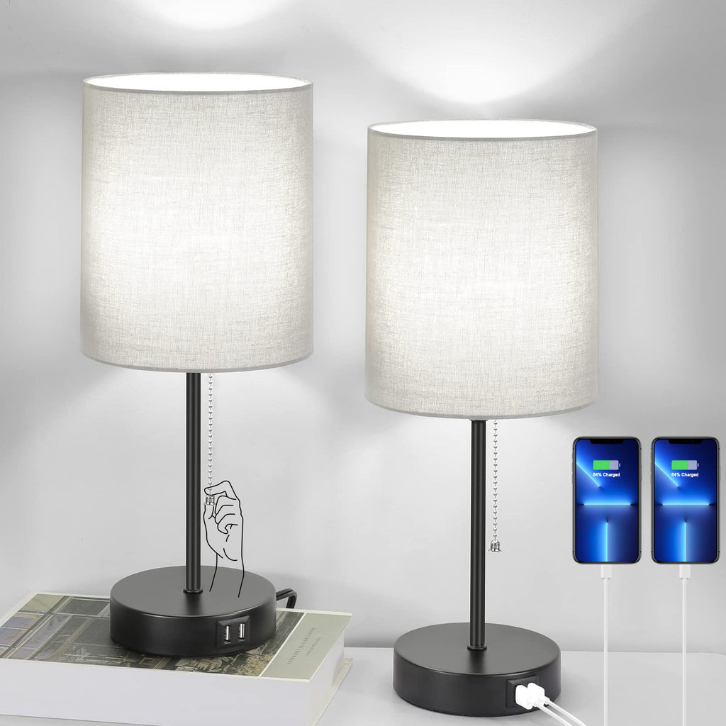17.3'' Table Lamps Nightstand Set of 2 with 2 USB & AC Outlet, Grey