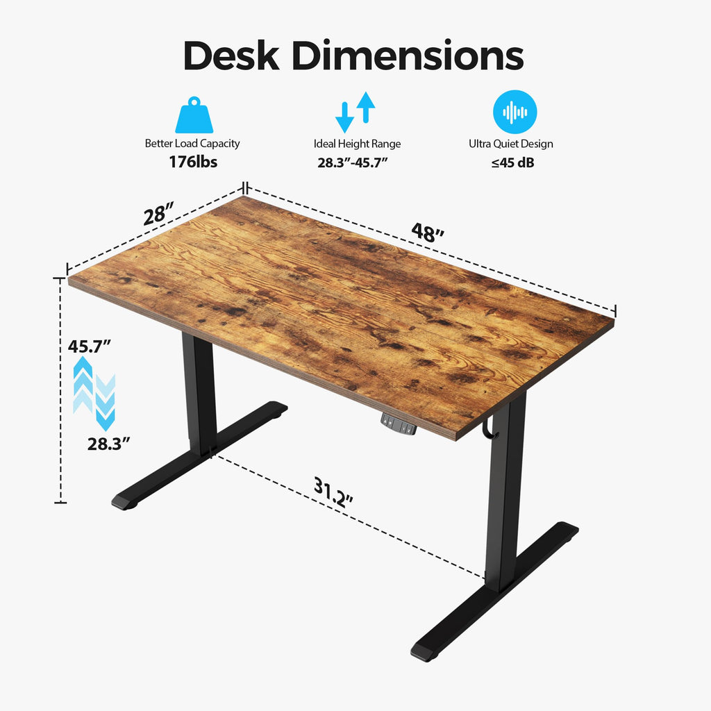 Electric Standing Desk, 48 x 28 Inches Height Adjustable Desk, Sit Stand up for Work Office Home, Ergonomic Rising Computer Table with Memory Preset, Rustic Brown